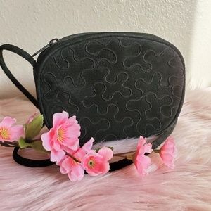Vintage Black Embroidered Suede Crossbody Bag